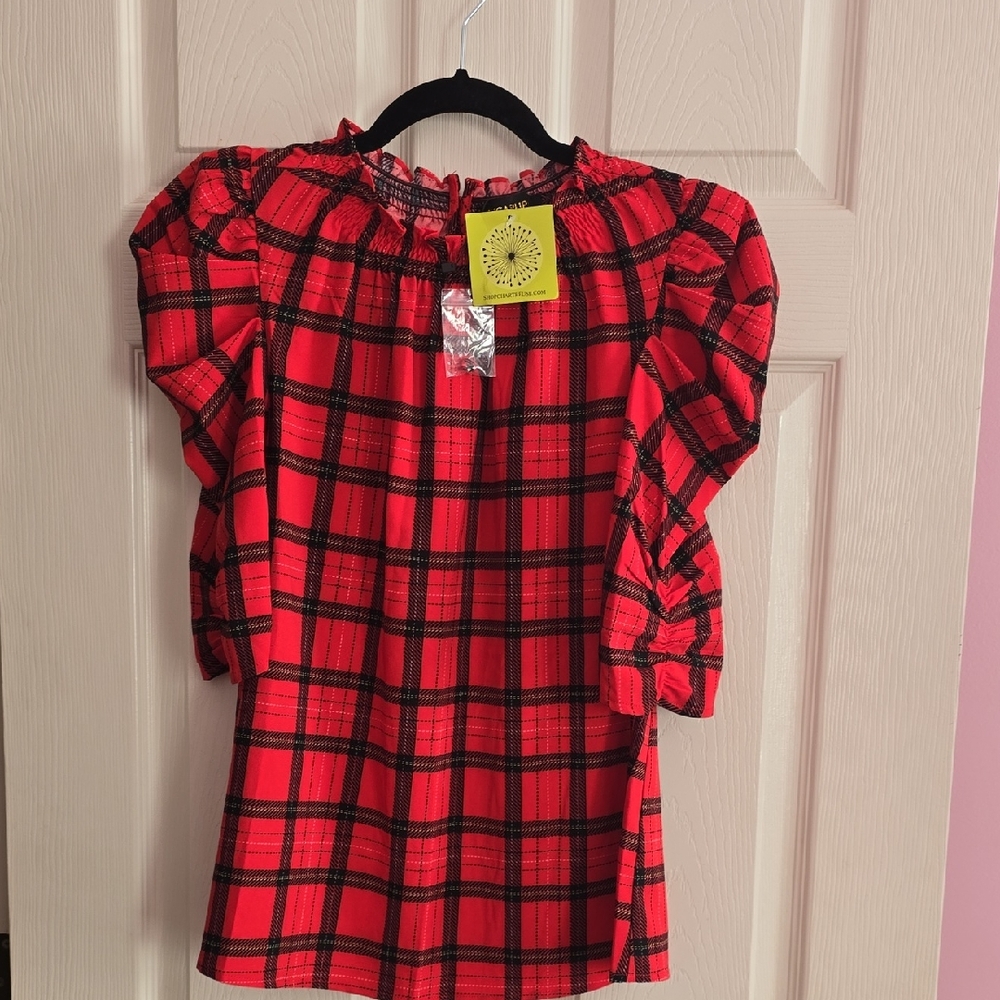 Sugarlips Red & Black Plaid Puff-Sleeve Top (Girls)‎
